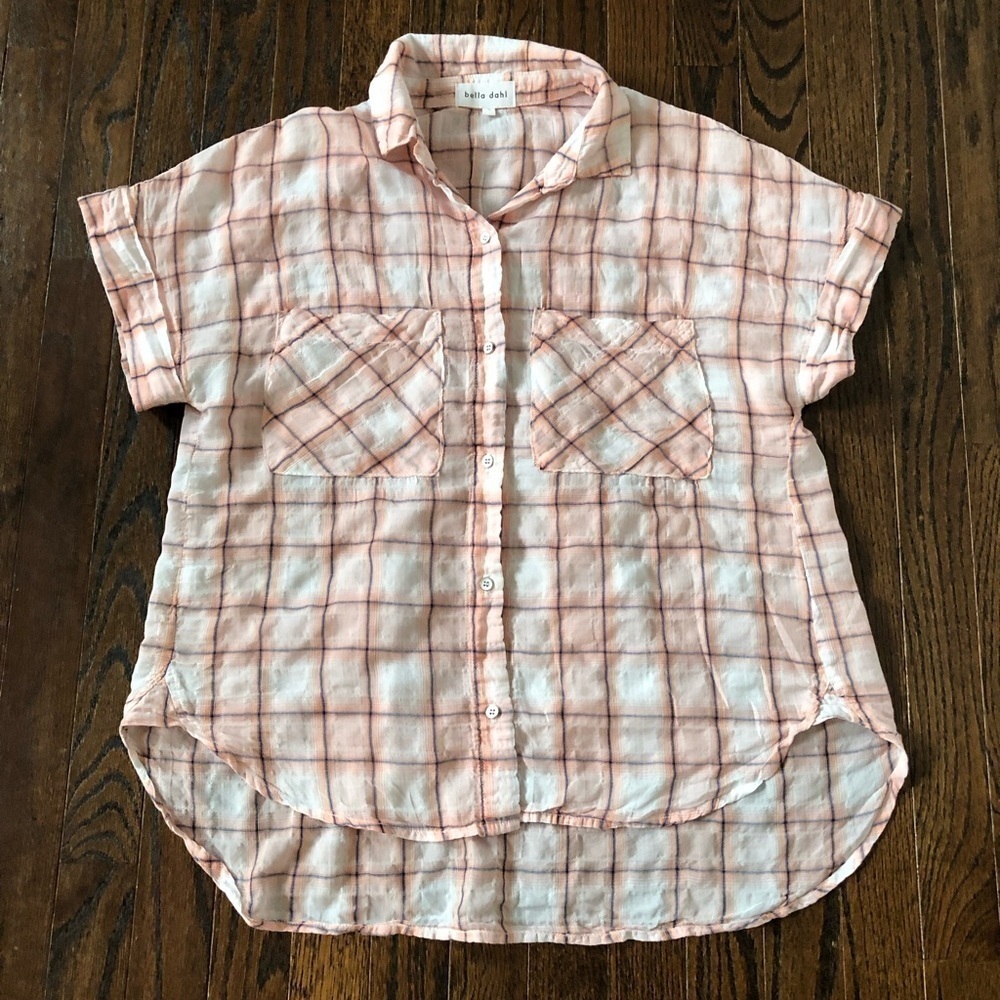 Bella Dahl Women’s S Orange/White Rolled Short-Sleeve Semi-Sheer Button-Down Top